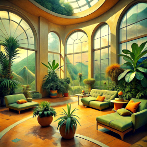 A Neo Futurist home environment with floor-to-ceiling windows, a corner with modern soft furnishings and large broad-leaved plants, paintings on the walls where I can add visuals