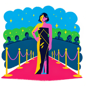 Korean actress Koh Joon-Hee in a shimmering black and gold dress. She stands confidently on a bustling red carpet event. Large crowd of paparazzi and fans in the background.
