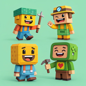 A vibrant set of animated emojis. Each emoji inspired by Minecraft, featuring distinct poses and accessories. Bright, colorful design