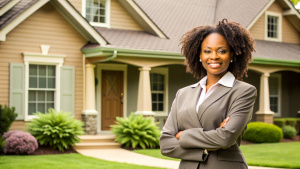 Confident african American women real estate agent stands proudly outside a modern home, radiating expertise and approachability, ready to assist potential house buyers