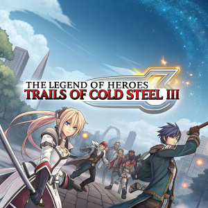 Promotional poster for 'The Legend of Heroes: Trails of Cold Steel III'. Numerous characters from the game featured in a dynamic pose, against a vibrant background. Clear, readable text highlighting the game title.