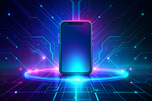 Smartphone on technology background. Neon glowing mobile phone on abstract dark background. Futuristic network connection