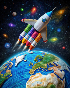 A spaceship made of felt-tip pens flies in space over a globe planet