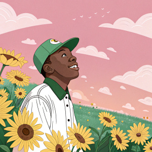 Digital illustration featuring Tyler The Creator. Cartoon style, green cap, yellow sunflowers, pastel pink sky, fluffy white clouds.