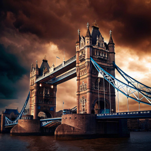 Photograph capturing Tower Bridge in London, UK. Stormy sky with dark clouds, creating dramatic shadows and colors around the iconic structure