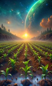 a field planted with crops in front of a utopian background