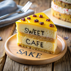 Dame una imagen de un pedazo de un postre de maracuya donde el nombre aparezca un poco grande y sea sweet cake 