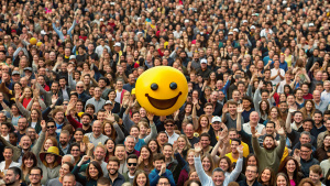a large crowd of people. each person has a small emoji good or evil