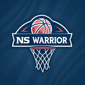 Official logo for NS Warrior basketball team. Modern design with 'NS Warrior' in bold letters. Basketball hoop incorporated into logo. Dark blue background with gradient effect.