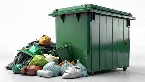 rear view.realistic.dark green.large garbage with a  open garbage on the ground.on white background.