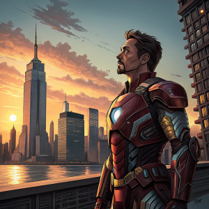 Digital illustration of Robert Downey Jr. as Tony Stark. Stark Tower behind him, sunset skyline in background.