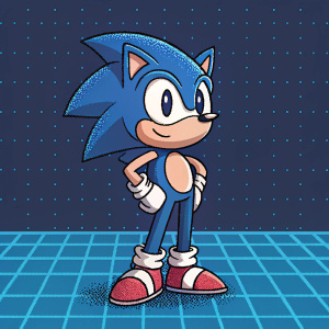 Sonic the Hedgehog in a retro pixel art style. Bright blue and black color scheme. Standing on a dotted grid pattern backdrop.