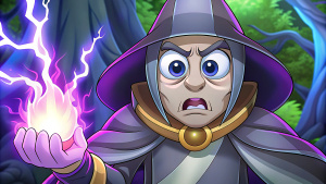 The evil sorcerer, with his dark cloak billowing behind him, casting spells to try and destroy the forest.
