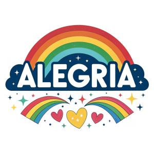 Alegria brand logo. Vibrant graphic with rainbow elements, clean sans-serif font, set against a crisp white background.