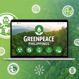 Website featuring Greenpeace Philippines. Bold mission statement, interactive icons, and vibrant green background.