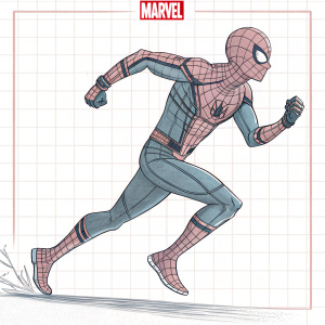 A detailed sketch of Spider-Man, depicted in a dynamic running pose. The background features a simple grid pattern. The Marvel logo is prominently displayed at the top. The color scheme is minimalistic.