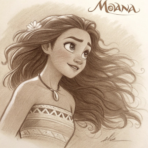 Pencil drawing of Moana from the animated film. Sketch is in sepia tones, reminiscent of classic Disney animation. Artist's signature at bottom right corner