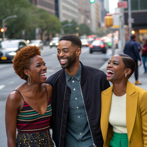 Yvonne Orji, Jay Ellis, and Issa Rae laughing together on the set of 'Insecure'. Busy city street background.