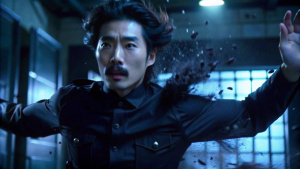 Handsome korean man Security guard with moustache and wavy black hair with dark uniform being violently propulsed in the air in high-tech sci-fi prison laboratory, full body