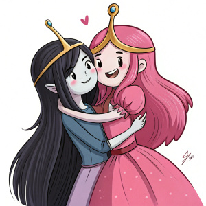 Marceline and Princess Bubblegum from Adventure Time, hugging. Marceline's long black hair, detailed facial expressions, flat art style