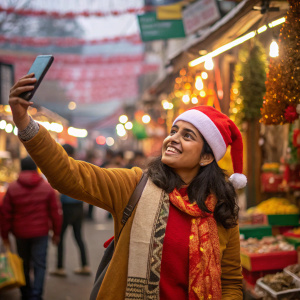 An Indian woman in a festive mood, wearing a Santa hat, snaps a joyful selfie in a bustling winter market.