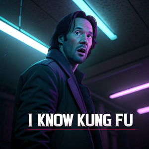 Keanu Reeves, Neo, looks shocked. Dark room with neon lights casting shadows. Focused on his expression. Caption 'I KNOW KUNG FU' at bottom