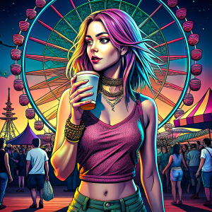  teen wearing short dress drinking on city carnival party comic book art