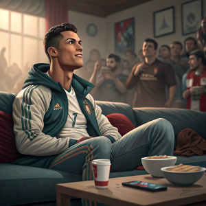 Cristiano Ronaldo, wearing casual outfit, sitting on a couch. Indoor setting, coffee table in foreground, blurred fans