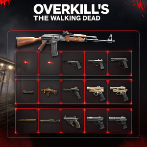In-game inventory screen from Overkill's The Walking Dead. Weapons arranged in a grid pattern with detailed stats and descriptions. Dark background with red accents.