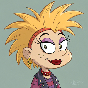 A detailed close-up of Angelica Pickles from Rugrats, featuring her iconic spiked hair and distinctive makeup.