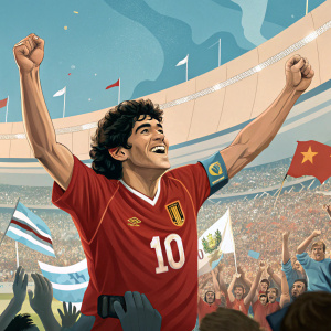 Diego Maradona, in vibrant red jersey, number 10, celebrating after goal in packed stadium.