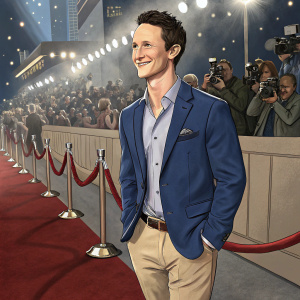 Jonathan Tucker, Caucasian male, friendly smile, short dark hair, wearing blue blazer and khakis. Stands at award show, background is flashing lights and crowd.