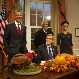 Barack Obama, Morgan Freeman, George Clooney, and Rihanna depicted in a wax museum. Thanksgiving themed table in the Oval Office setting.