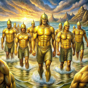33 strong Slavic men with golden armor come out of the sea