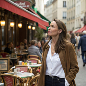 Claire Forlani, serene actress, in a candid photo shoot. Dressed in a casual brown jacket and white blouse. She stands amidst a bustling outdoor café, with patrons and street vendors in the background.