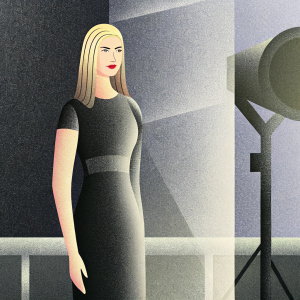 Close-up portrait of Ivanka Trump, former White House advisor. Blonde hair, wearing a simple black dress. Studio lighting, blurred background
