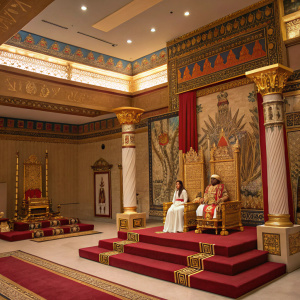 King Solomon and the Queen of Sheba in a luxurious throne room. Rich tapestries, gold and red hues, intricate decorations, ancient artifacts.