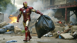 iron man catch garbege bag  high details full of trash area