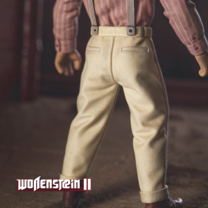 High-definition image of a character from Wolfenstein II, set in a dimly lit, realistic environment. The character's detailed clothing and physique are prominently displayed. Dark background with Wolfenstein II logo.