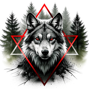 valknut runes pattern geometric symbols - wolf and trees - tattoo design - perfect realistic art - high-definition - grey and black - white background 