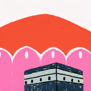 Simplified graphic of Kaaba for Eid Al Adha. Dark grey Kaaba, light grey and white windows. Light background highlighting shape and color.