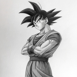 Detailed charcoal drawing, depicting Goku from Dragon Ball franchise. Posing heroically with arms crossed, against a plain white backdrop.