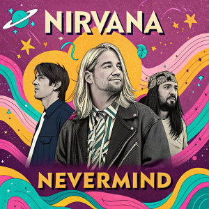 Promotional flyer for Nirvana's 'Nevermind' album release party. Vibrant colors, abstract art. Kurt Cobain, Krist Novoselic, Dave Grohl in center.