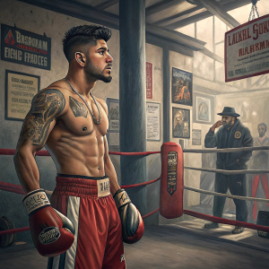 Abner Mares, a dedicated boxer, standing in a gym. Surrounded by training equipment, mirrors, and motivational posters. Focused expression