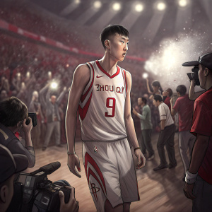 Zhou Qi, wearing Houston Rockets jersey with number 9, intense gaze. Standing on crowded court. Energetic atmosphere, flashing cameras