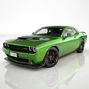 A sleek green Dodge Challenger SRT in a vibrant 3D render. Its glossy exterior reflects light with angular lines and a low profile. The dark interior contrasts with the vibrant exterior, featuring a visible license plate.