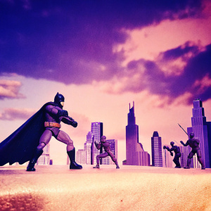 High detail Batman action figure, standing on Gotham city backdrop, various fighting poses