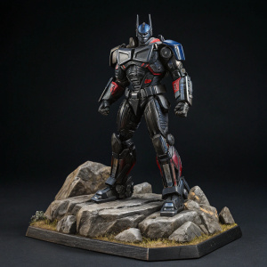 Prime 1 Studio's Optimus Prime figure on a rocky base. Dark, sleek design with metallic accents. Black and silver hues highlight the powerful, detailed build.