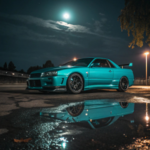 Teal Nissan Skyline GTR R34 parked under the moonlight. Dark night background, puddles reflecting the car