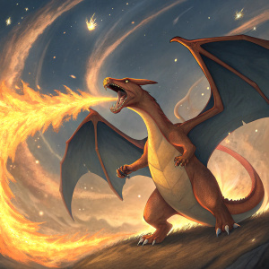 Charizard, the iconic Pokémon, depicted in a dramatic battle stance. Set against a swirling cosmic background with glowing stars, highlighting its fierce and powerful presence.